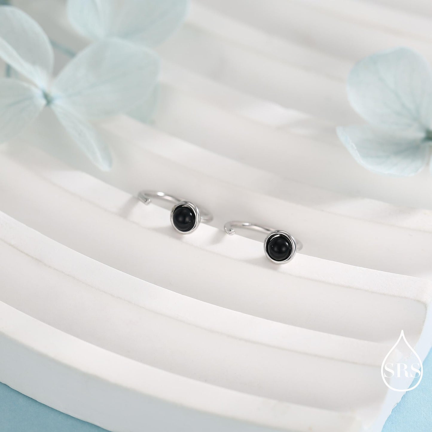 Genuine Black Onyx Huggie Hoop Earrings in Sterling Silver, 3mm Natural Black Onyx Open Hoops, Pull Through Threaders, Half Hoops, C Shape