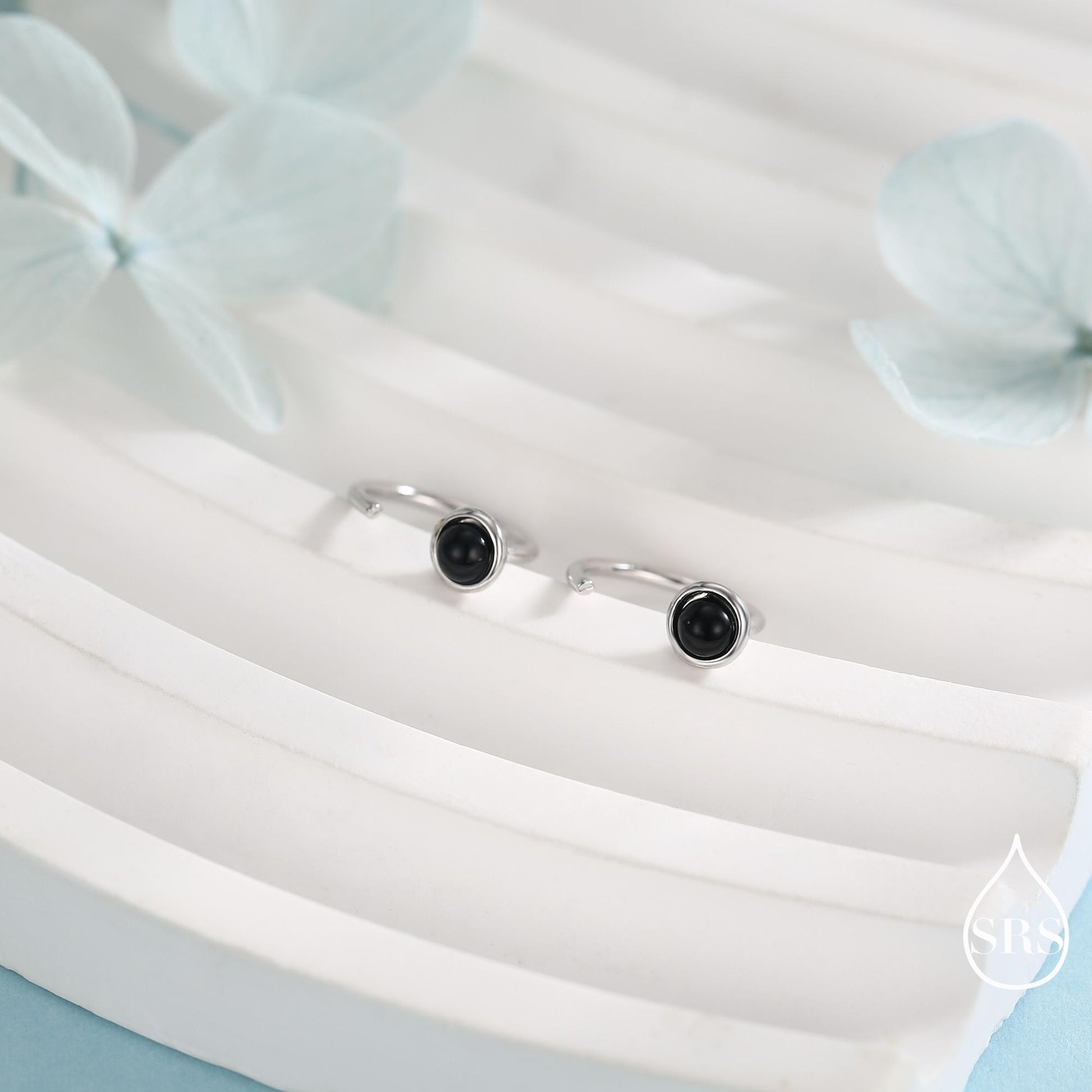 Genuine Black Onyx Huggie Hoop Earrings in Sterling Silver, 3mm Natural Black Onyx Open Hoops, Pull Through Threaders, Half Hoops, C Shape