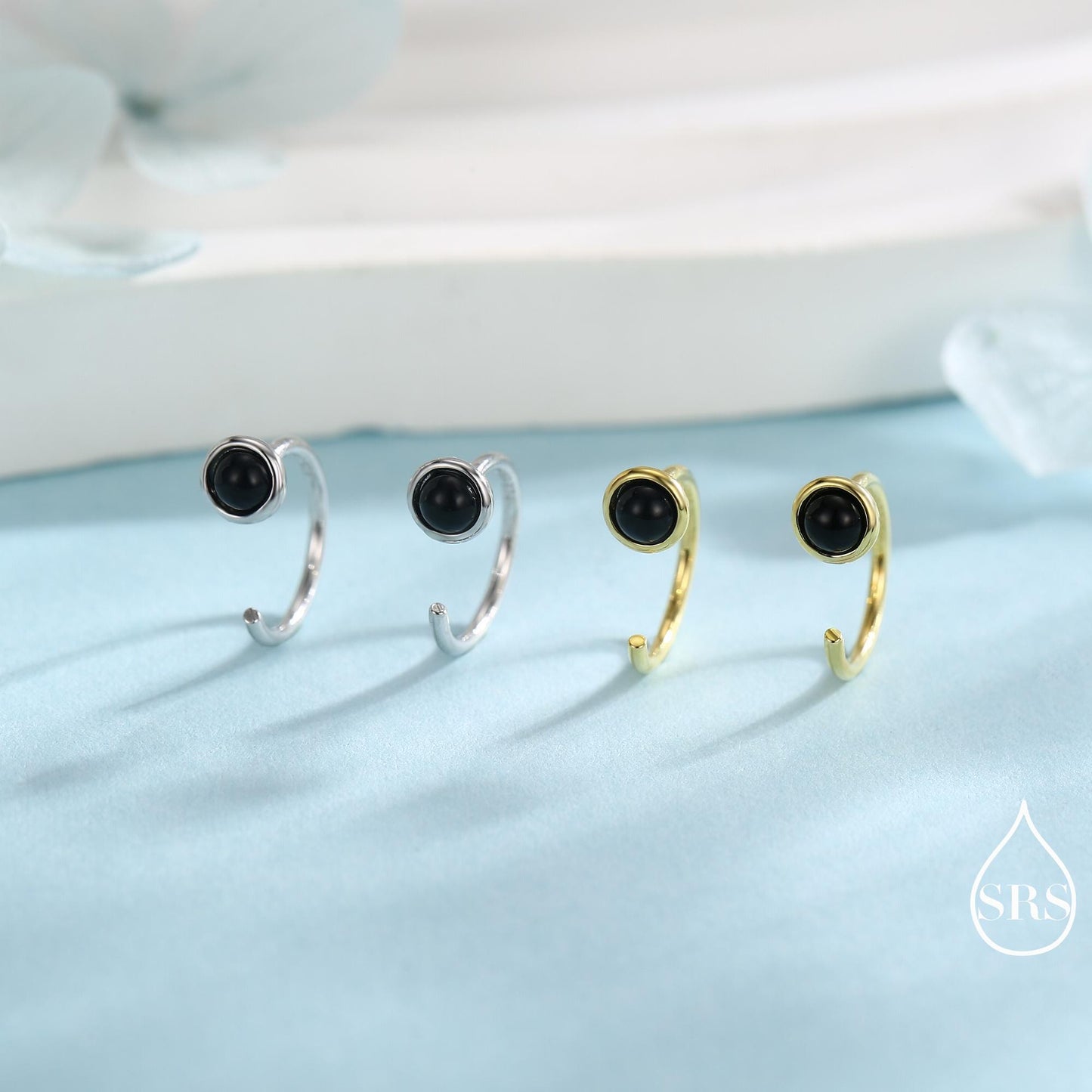 Genuine Black Onyx Huggie Hoop Earrings in Sterling Silver, 3mm Natural Black Onyx Open Hoops, Pull Through Threaders, Half Hoops, C Shape