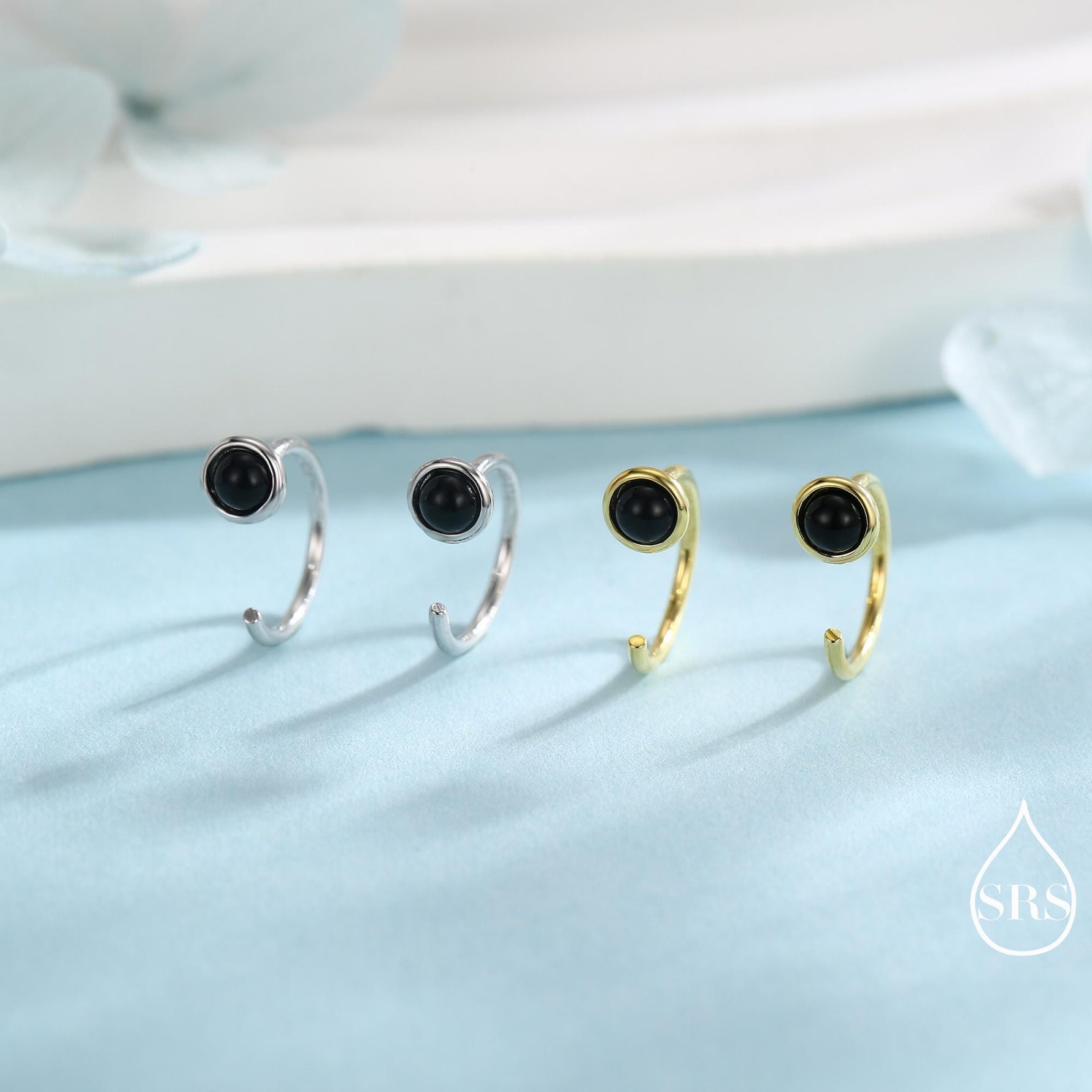 Genuine Black Onyx Huggie Hoop Earrings in Sterling Silver, 3mm Natural Black Onyx Open Hoops, Pull Through Threaders, Half Hoops, C Shape