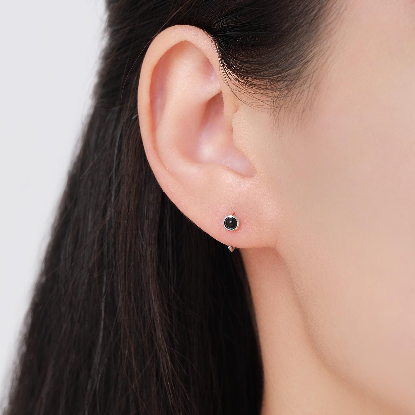 Genuine Black Onyx Huggie Hoop Earrings in Sterling Silver, 3mm Natural Black Onyx Open Hoops, Pull Through Threaders, Half Hoops, C Shape