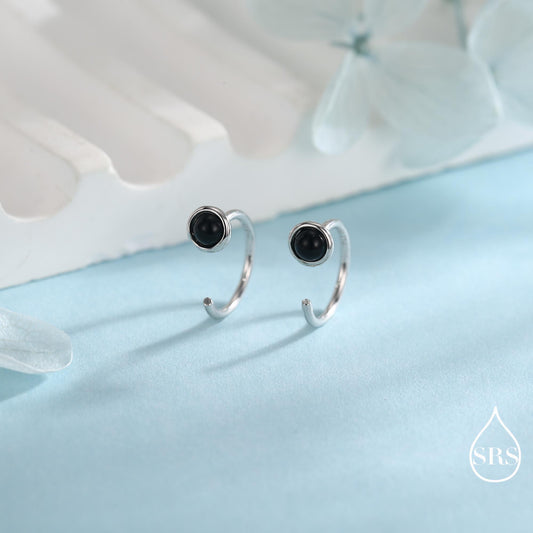 Genuine Black Onyx Huggie Hoop Earrings in Sterling Silver, 3mm Natural Black Onyx Open Hoops, Pull Through Threaders, Half Hoops, C Shape