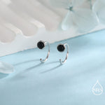 Genuine Black Onyx Huggie Hoop Earrings in Sterling Silver, 3mm Natural Black Onyx Open Hoops, Pull Through Threaders, Half Hoops, C Shape