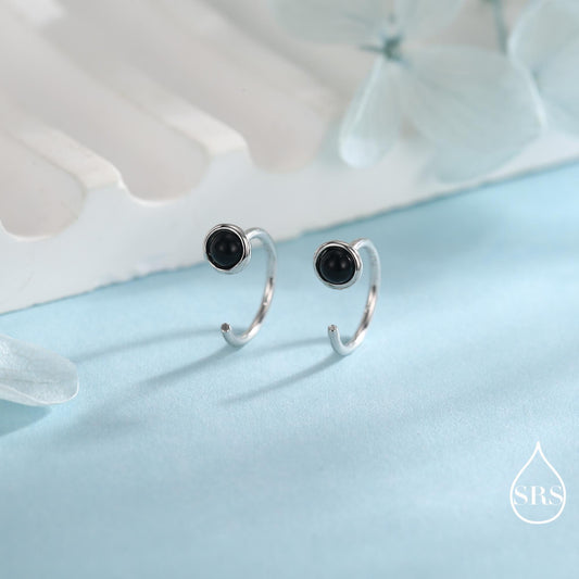 Genuine Black Onyx Huggie Hoop Earrings in Sterling Silver, 3mm Natural Black Onyx Open Hoops, Pull Through Threaders, Half Hoops, C Shape