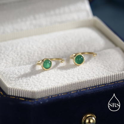 Genuine Green Onyx Huggie Hoop Earrings in Sterling Silver, 3mm Natural Green Onyx Open Hoops, Pull Through Threaders, Half Hoops, C Shape