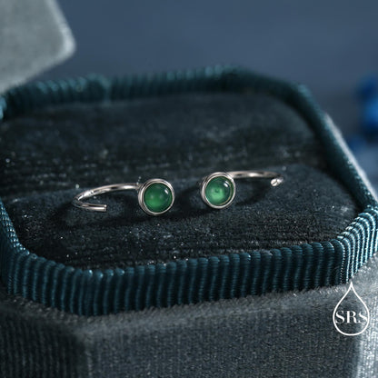 Genuine Green Onyx Huggie Hoop Earrings in Sterling Silver, 3mm Natural Green Onyx Open Hoops, Pull Through Threaders, Half Hoops, C Shape