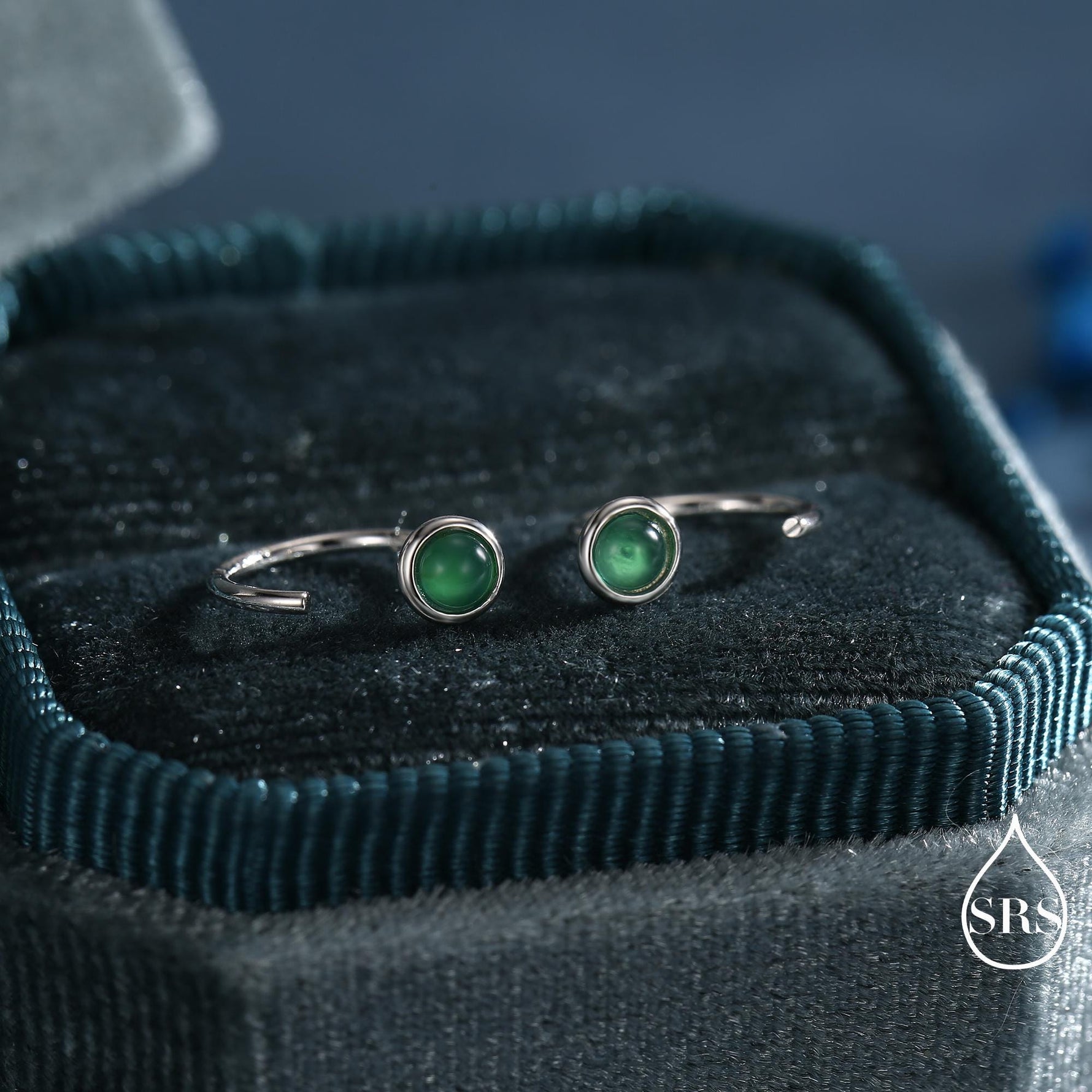 Genuine Green Onyx Huggie Hoop Earrings in Sterling Silver, 3mm Natural Green Onyx Open Hoops, Pull Through Threaders, Half Hoops, C Shape