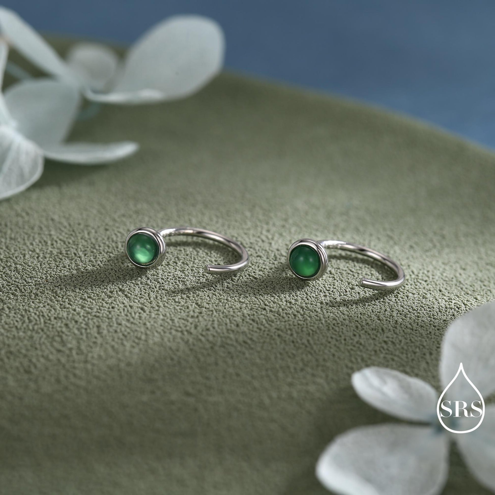 Genuine Green Onyx Huggie Hoop Earrings in Sterling Silver, 3mm Natural Green Onyx Open Hoops, Pull Through Threaders, Half Hoops, C Shape