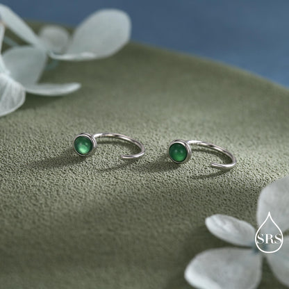 Genuine Green Onyx Huggie Hoop Earrings in Sterling Silver, 3mm Natural Green Onyx Open Hoops, Pull Through Threaders, Half Hoops, C Shape
