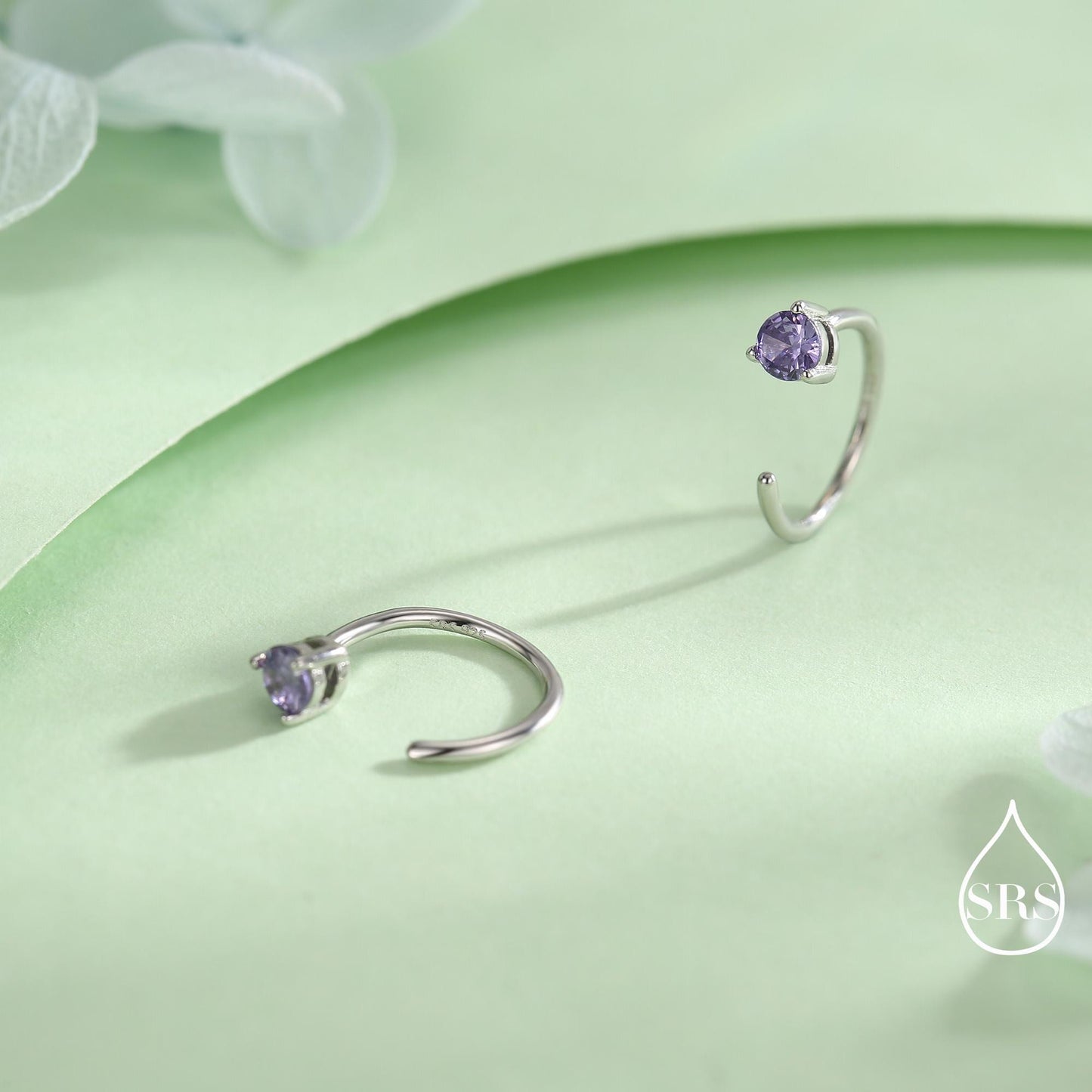 Lilac Amethyst Purple Crystal Huggie Hoop Threader Earrings in Sterling Silver, 3mm Three Prong, Gold or Silver, Pull Through Open Hoops
