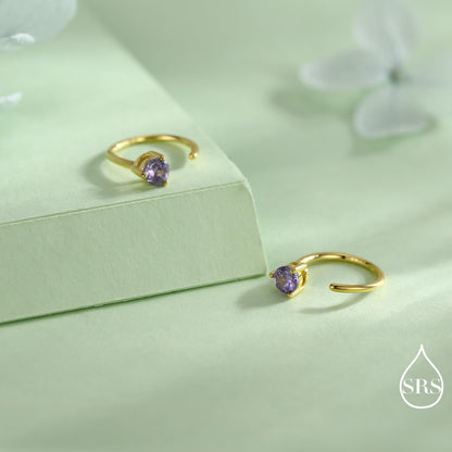 Lilac Amethyst Purple Crystal Huggie Hoop Threader Earrings in Sterling Silver, 3mm Three Prong, Gold or Silver, Pull Through Open Hoops