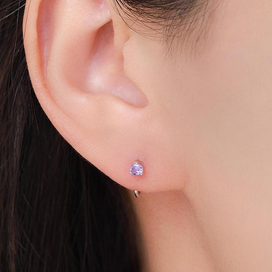 Lilac Amethyst Purple Crystal Huggie Hoop Threader Earrings in Sterling Silver, 3mm Three Prong, Gold or Silver, Pull Through Open Hoops