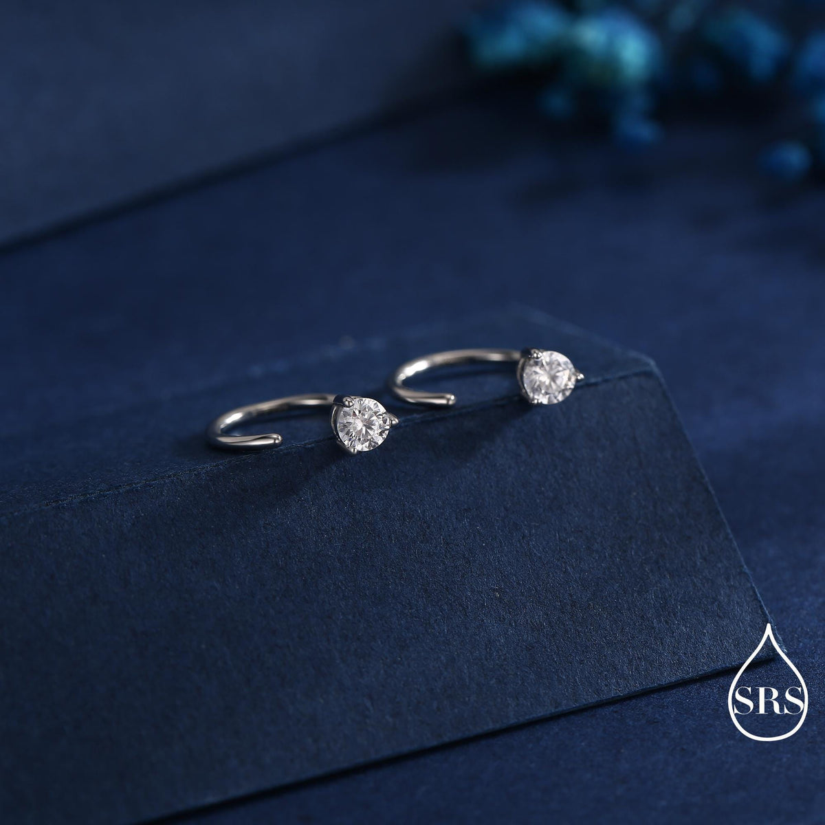 CZ Huggie Hoop Threader Earrings in Sterling Silver, 3mm Three Prong, Gold or Silver, Half Hoop Earrings, Pull Through Open Hoops
