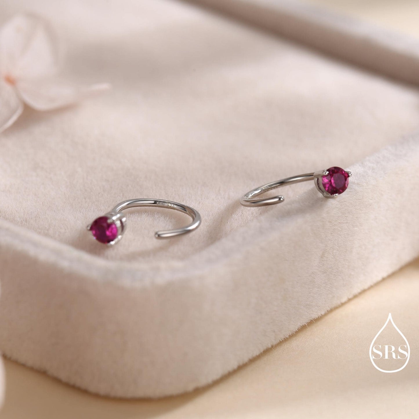Ruby Pink CZ Crystal Huggie Hoop Earrings in Sterling Silver, 3mm Three Prong, Gold or Silver, Pull Through Open Hoops, July Birthstone