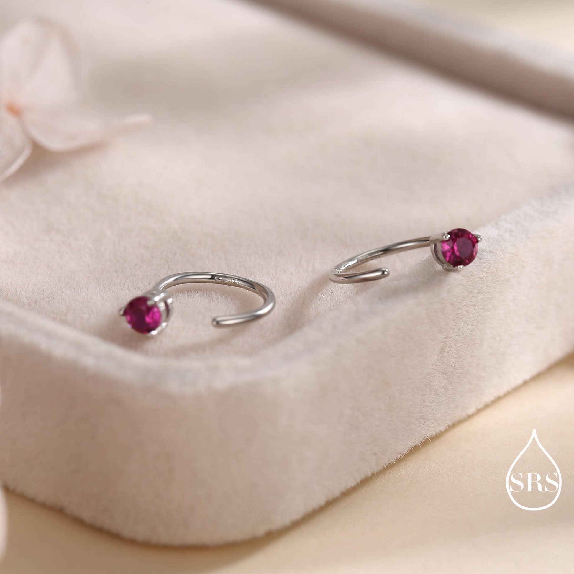 Ruby Pink CZ Crystal Huggie Hoop Earrings in Sterling Silver, 3mm Three Prong, Gold or Silver, Pull Through Open Hoops, July Birthstone