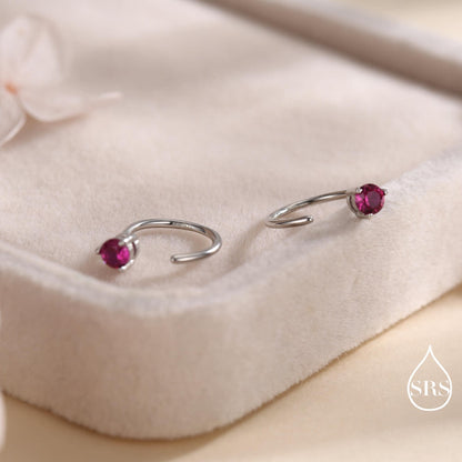 Ruby Pink CZ Crystal Huggie Hoop Earrings in Sterling Silver, 3mm Three Prong, Gold or Silver, Pull Through Open Hoops, July Birthstone