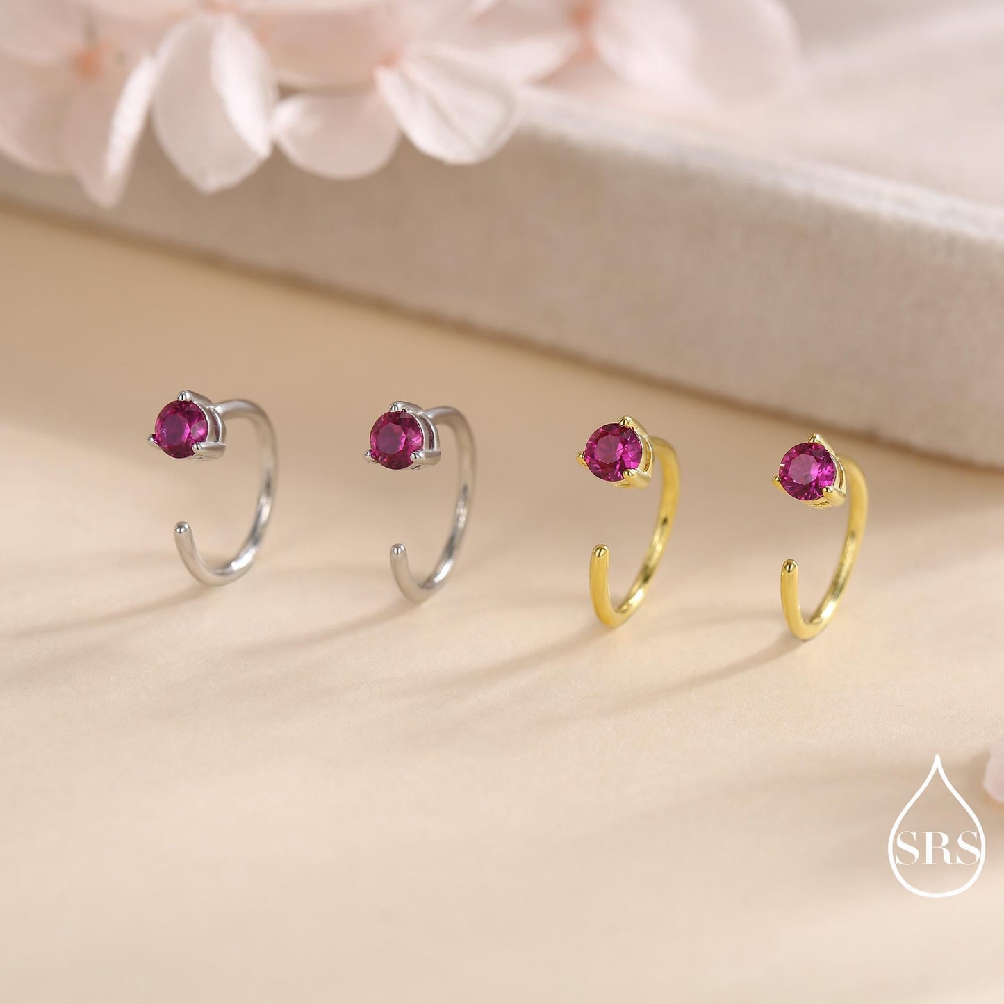 Ruby Pink CZ Crystal Huggie Hoop Earrings in Sterling Silver, 3mm Three Prong, Gold or Silver, Pull Through Open Hoops, July Birthstone