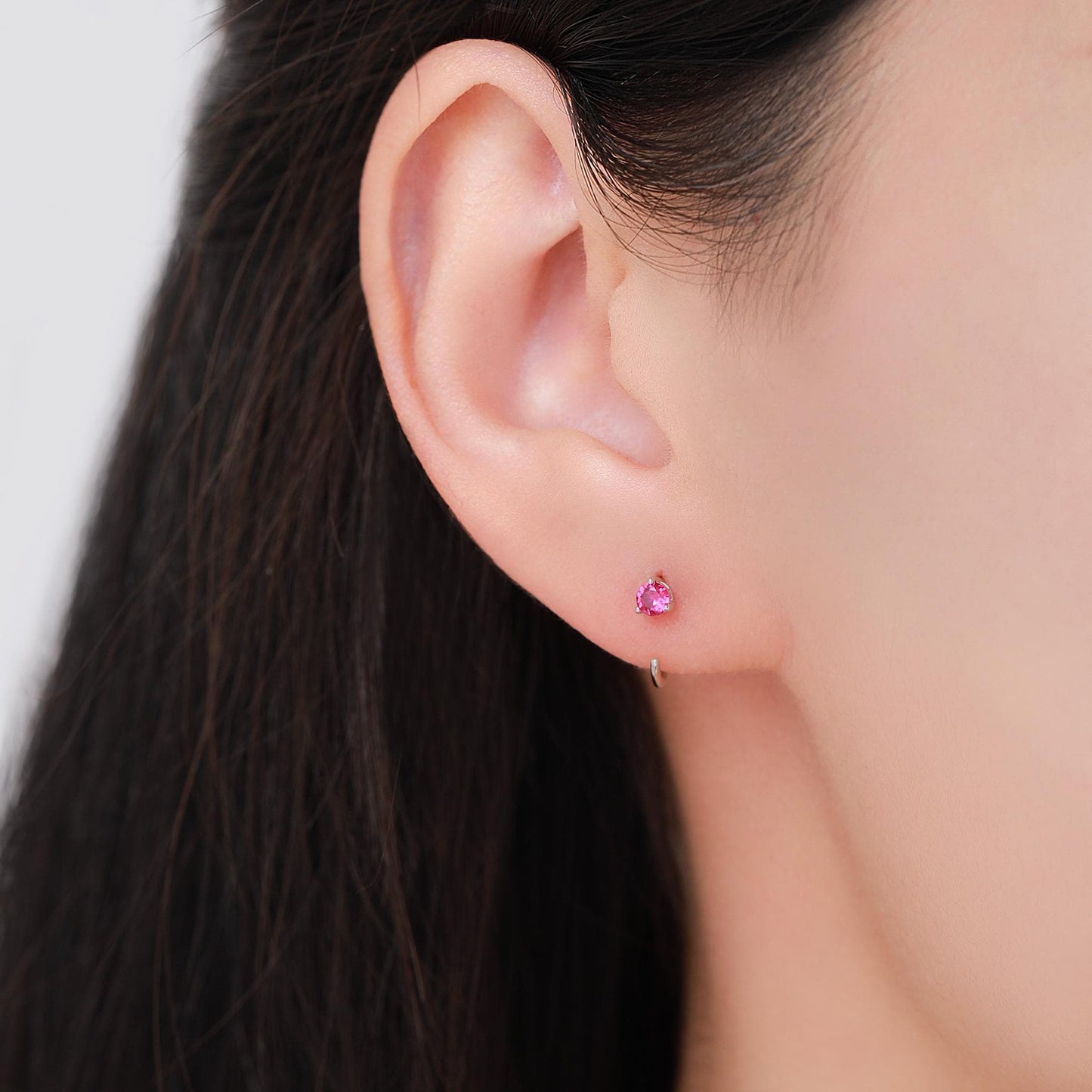 Ruby Pink CZ Crystal Huggie Hoop Earrings in Sterling Silver, 3mm Three Prong, Gold or Silver, Pull Through Open Hoops, July Birthstone