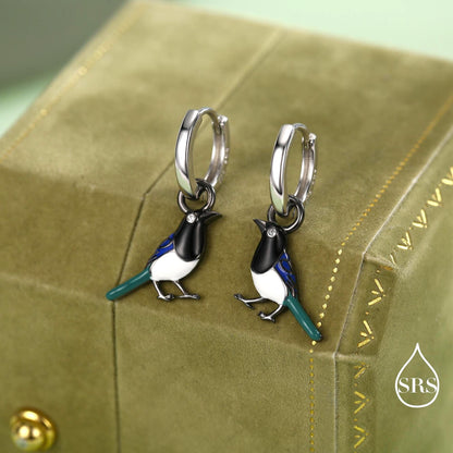 Magpie Enamel Huggie Hoop Earrings in Sterling Silver, Magpie Bird Earrings, Nature-Inspired Animal Earrings