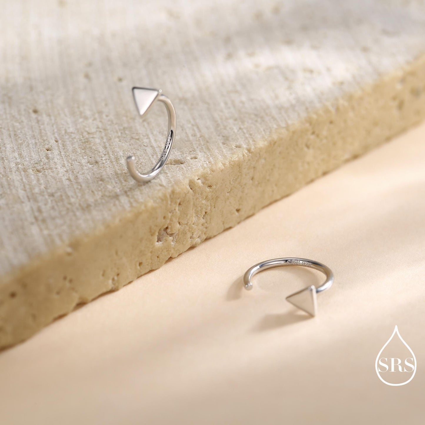 Extra Tiny Triangle Huggie Hoop Earrings in Sterling Silver, Open Hoop Pull-Through Threader Earrings, Half Hoops, Silver or Gold Finish