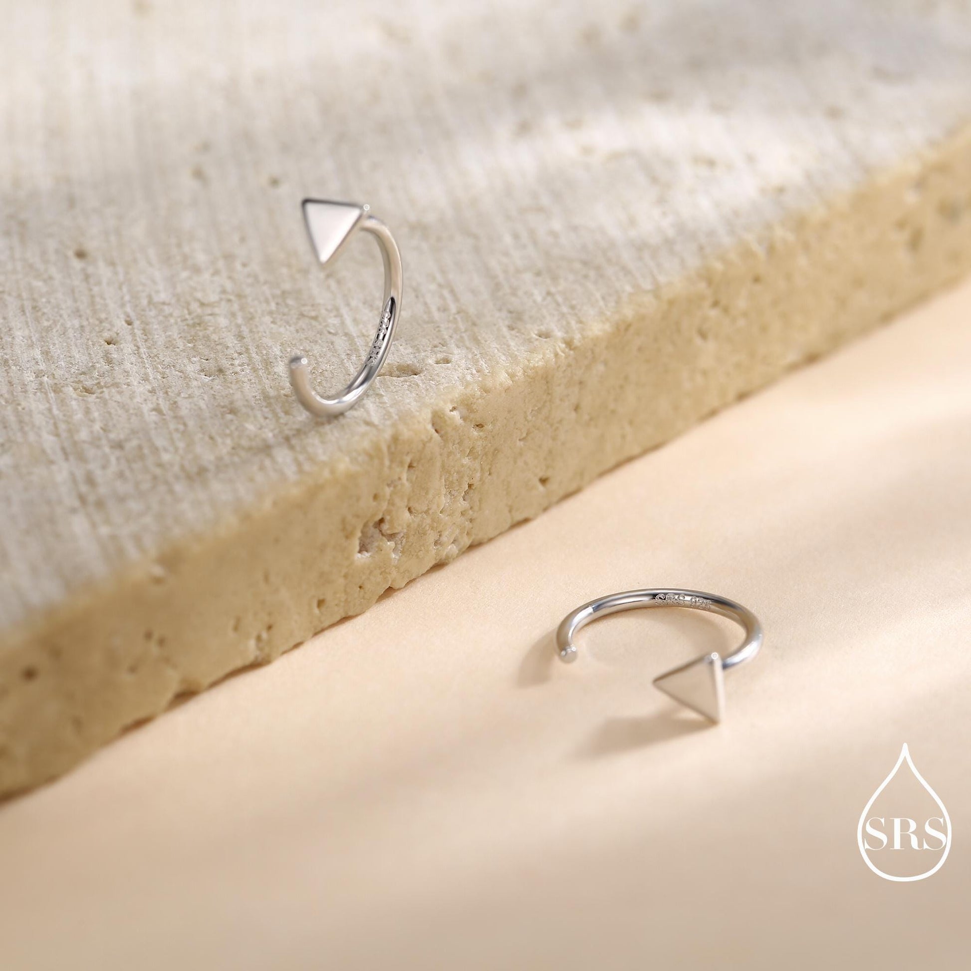Extra Tiny Triangle Huggie Hoop Earrings in Sterling Silver, Open Hoop Pull-Through Threader Earrings, Half Hoops, Silver or Gold Finish