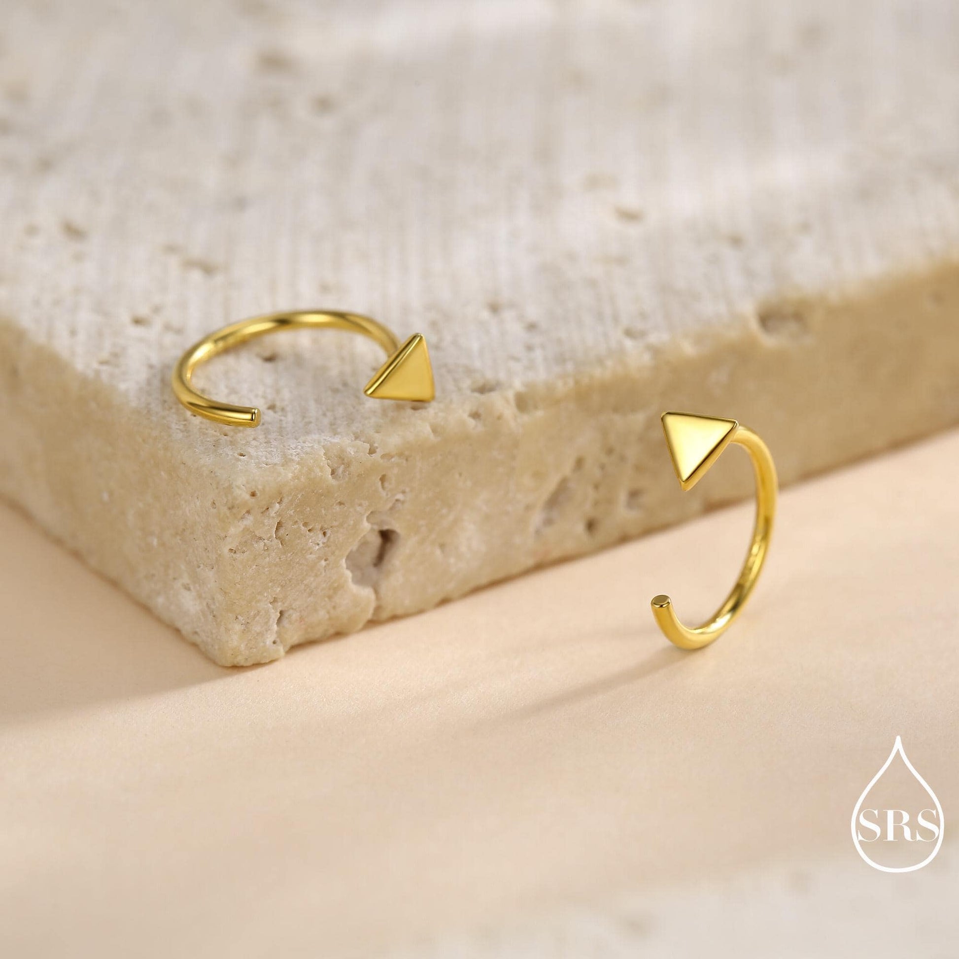 Extra Tiny Triangle Huggie Hoop Earrings in Sterling Silver, Open Hoop Pull-Through Threader Earrings, Half Hoops, Silver or Gold Finish