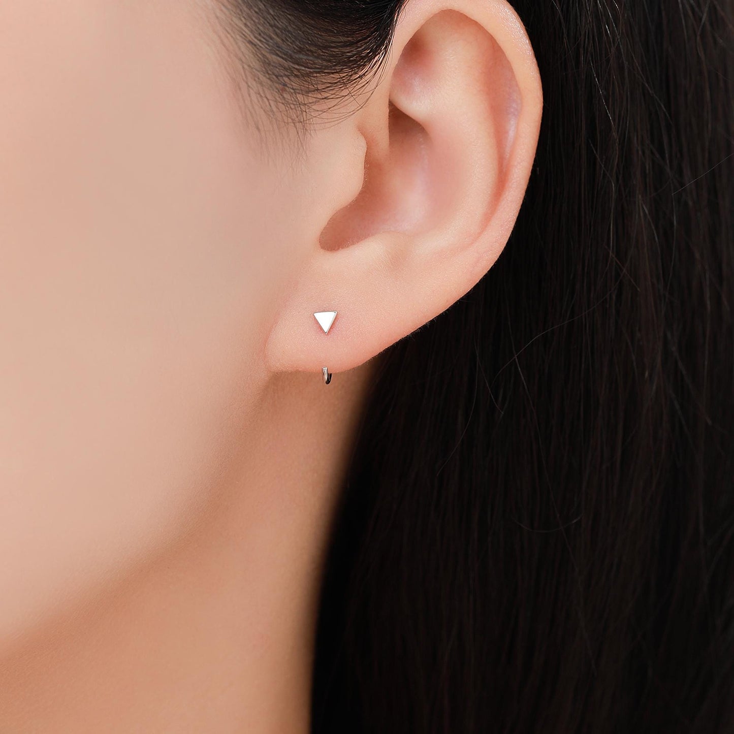 Extra Tiny Triangle Huggie Hoop Earrings in Sterling Silver, Open Hoop Pull-Through Threader Earrings, Half Hoops, Silver or Gold Finish