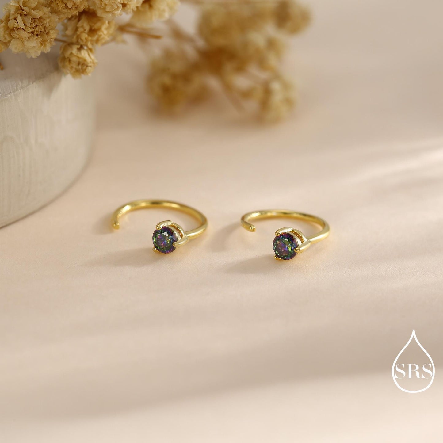 Mystic Topaz Crystal Huggie Hoop Threader Earrings in Sterling Silver, 3mm Three Prong, Gold or Silver, Pull Through Open Hoops