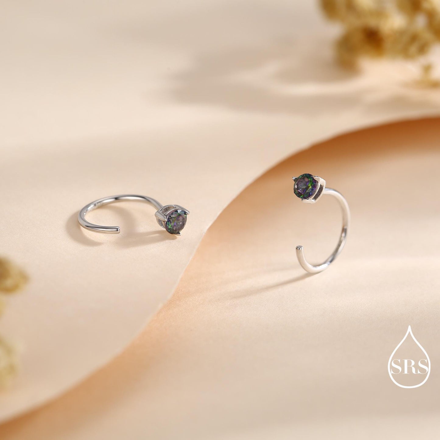 Mystic Topaz Crystal Huggie Hoop Threader Earrings in Sterling Silver, 3mm Three Prong, Gold or Silver, Pull Through Open Hoops