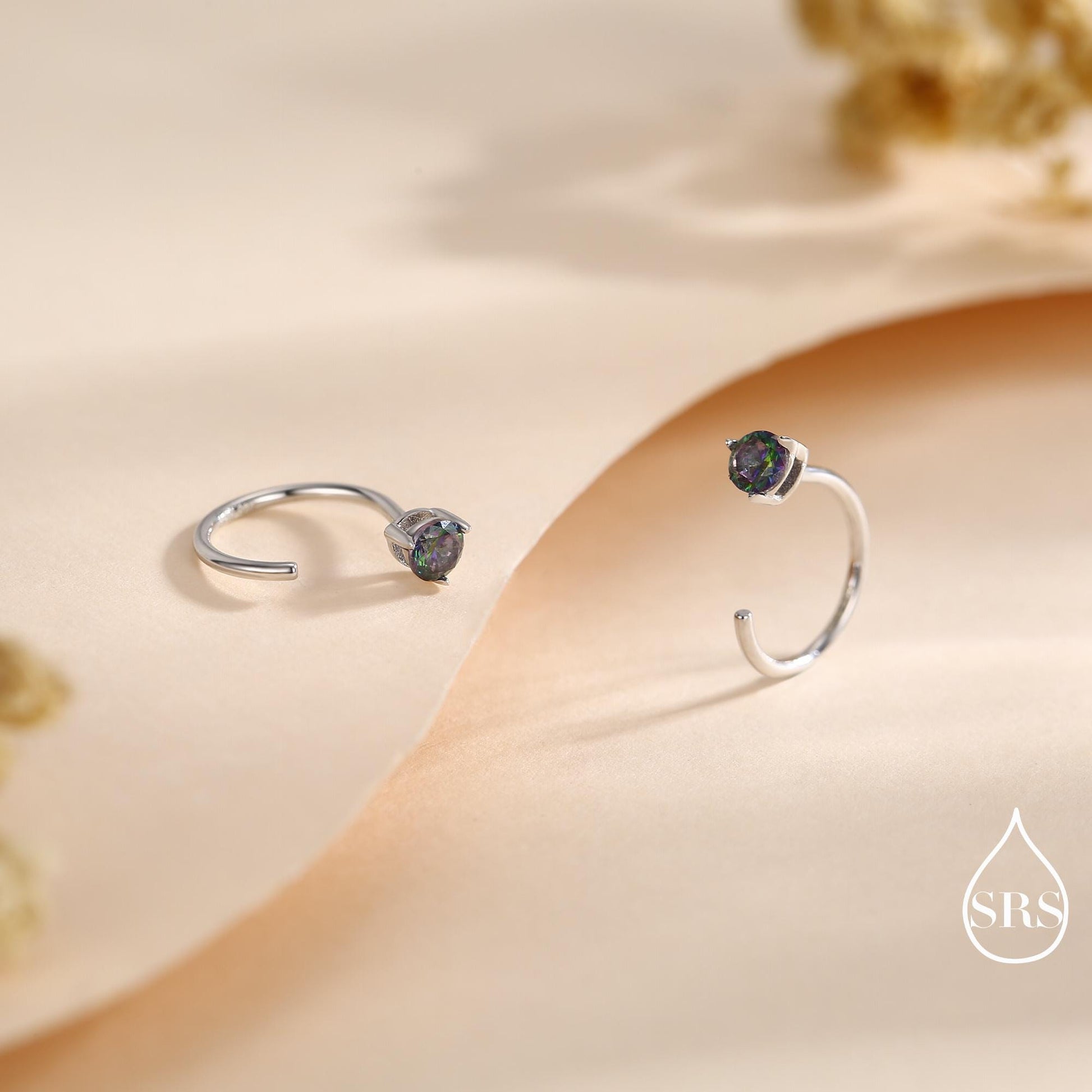 Mystic Topaz Crystal Huggie Hoop Threader Earrings in Sterling Silver, 3mm Three Prong, Gold or Silver, Pull Through Open Hoops