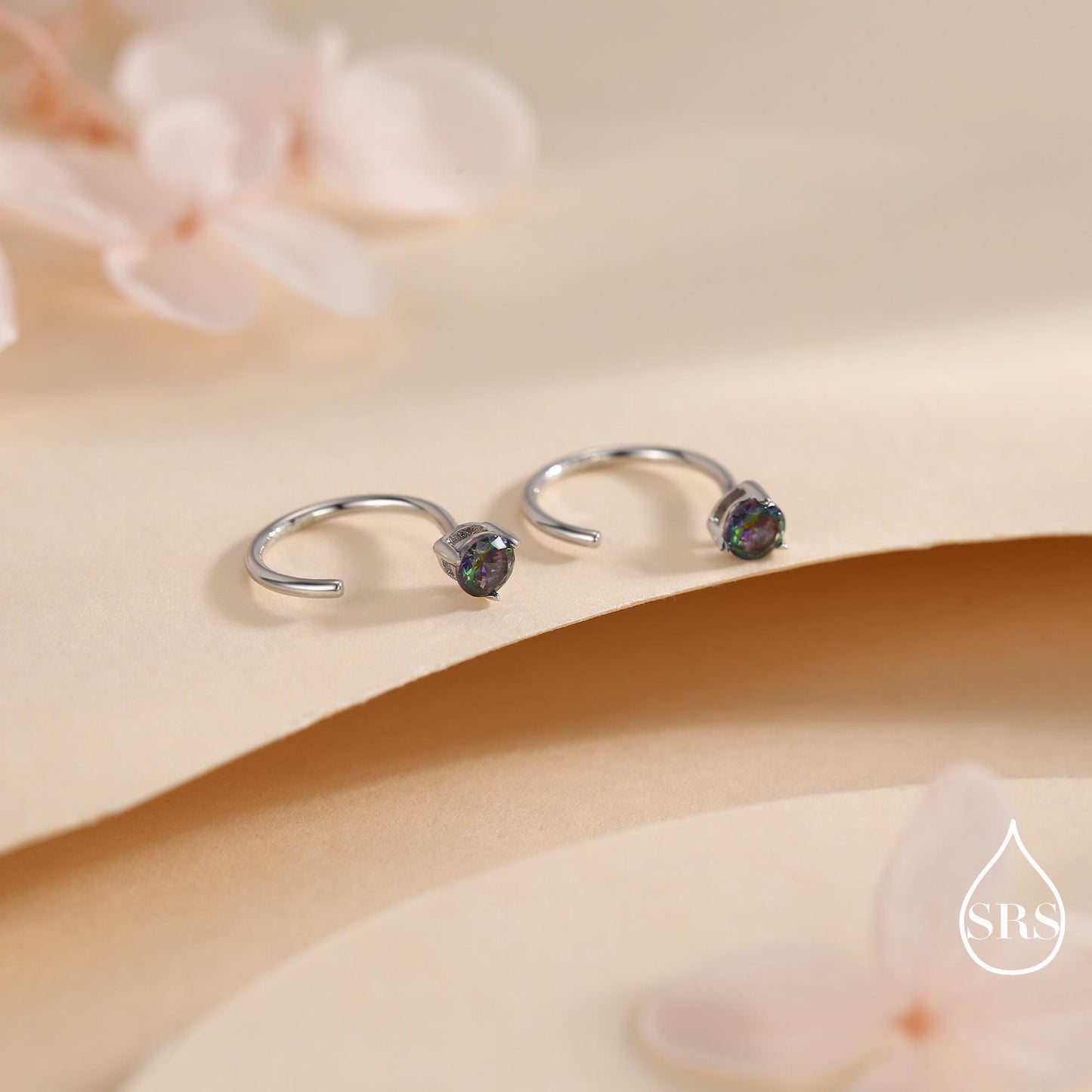 Mystic Topaz Crystal Huggie Hoop Threader Earrings in Sterling Silver, 3mm Three Prong, Gold or Silver, Pull Through Open Hoops