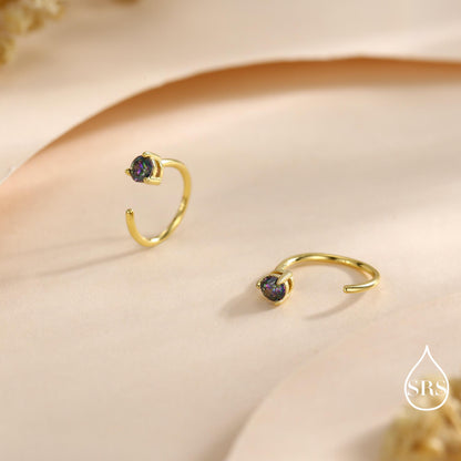 Mystic Topaz Crystal Huggie Hoop Threader Earrings in Sterling Silver, 3mm Three Prong, Gold or Silver, Pull Through Open Hoops