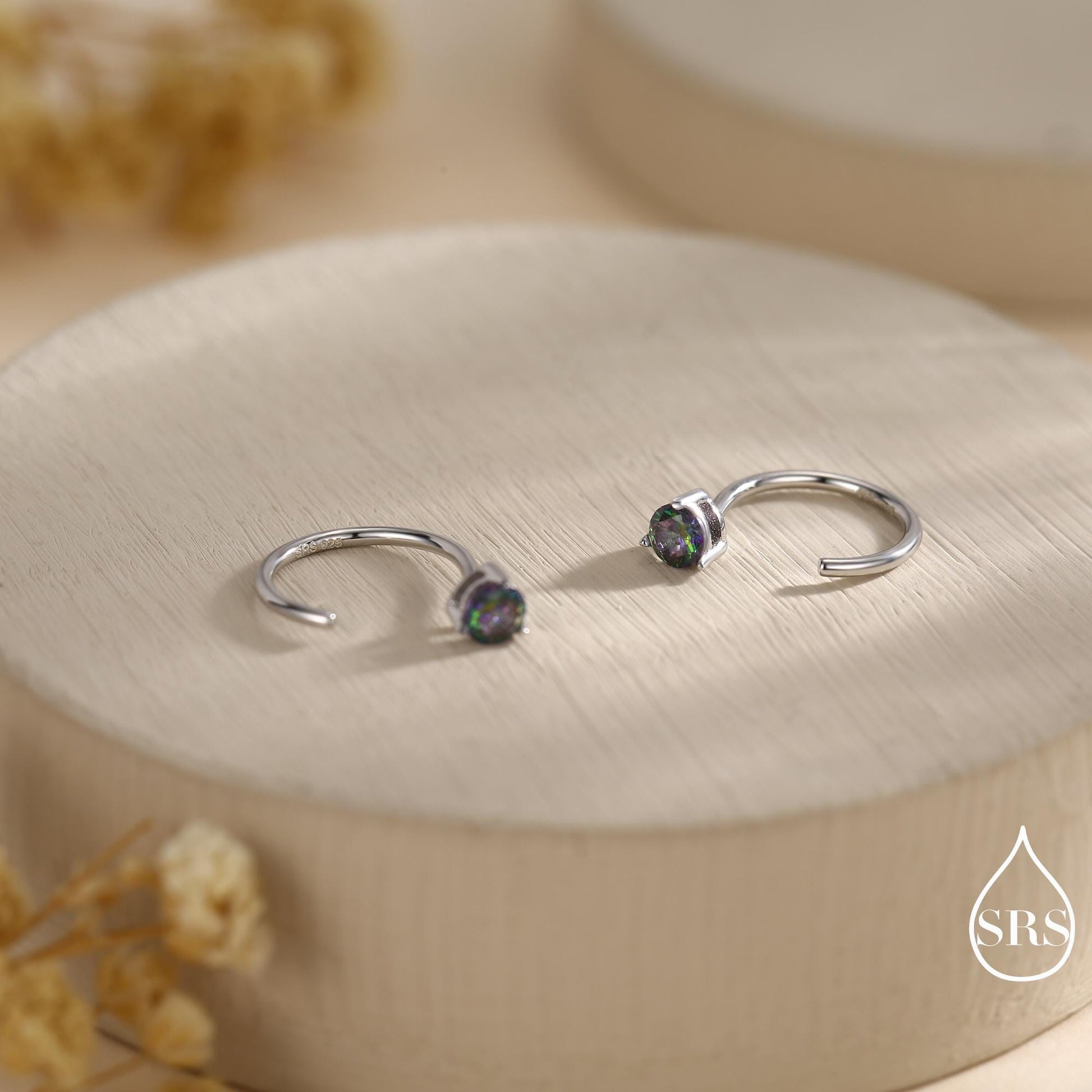 Mystic Topaz Crystal Huggie Hoop Threader Earrings in Sterling Silver, 3mm Three Prong, Gold or Silver, Pull Through Open Hoops