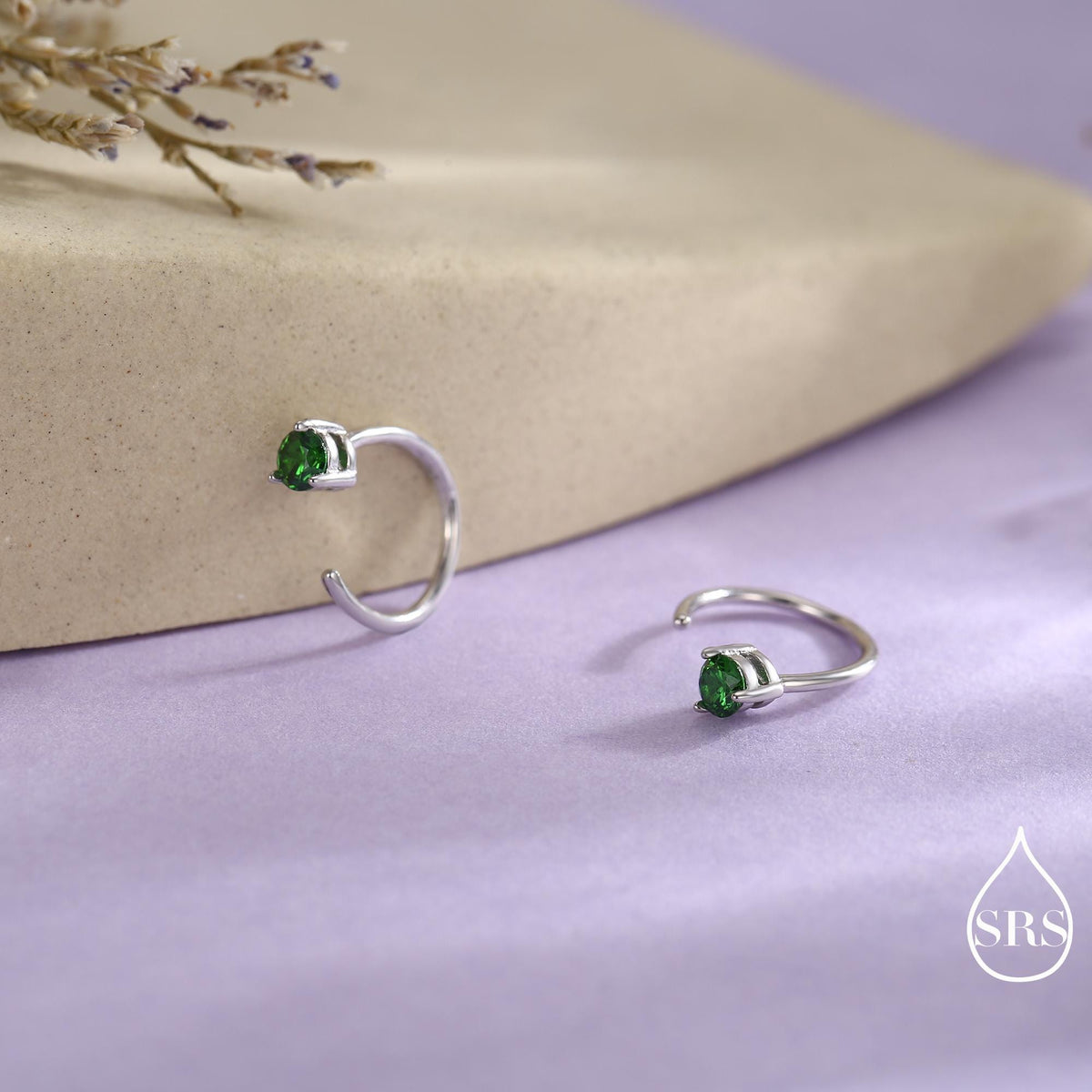 Emerald Green Crystal Huggie Hoop Threader Earrings in Sterling Silver, 3mm Three Prong, Gold or Silver, Pull Through Open Hoops