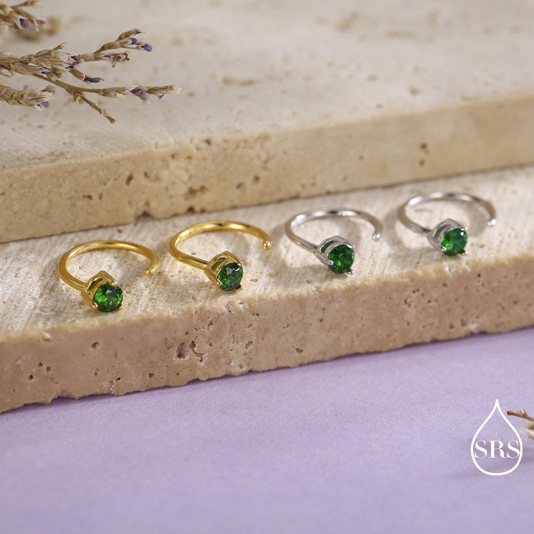 Emerald Green Crystal Huggie Hoop Threader Earrings in Sterling Silver, 3mm Three Prong, Gold or Silver, Pull Through Open Hoops