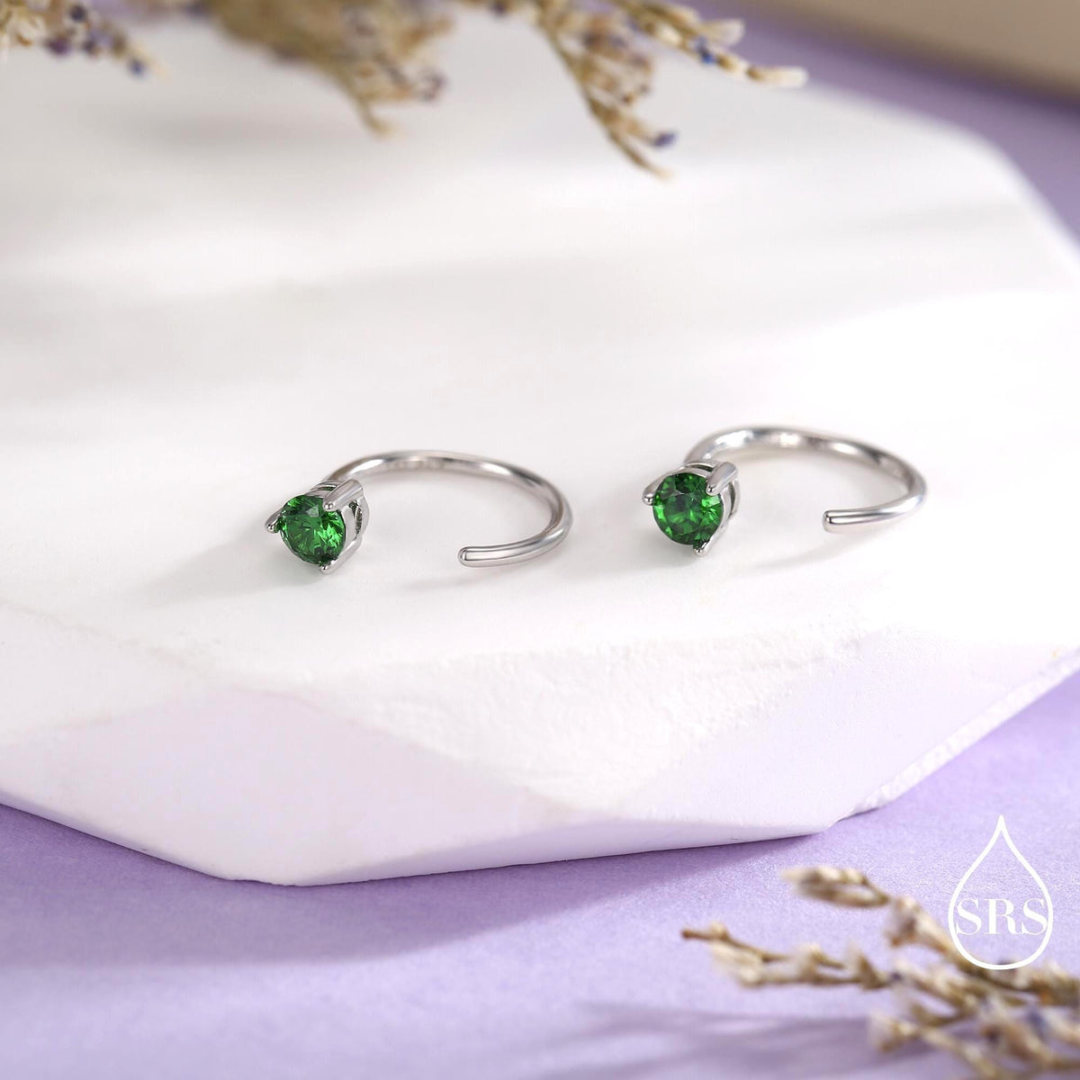 Emerald Green Crystal Huggie Hoop Threader Earrings in Sterling Silver, 3mm Three Prong, Gold or Silver, Pull Through Open Hoops