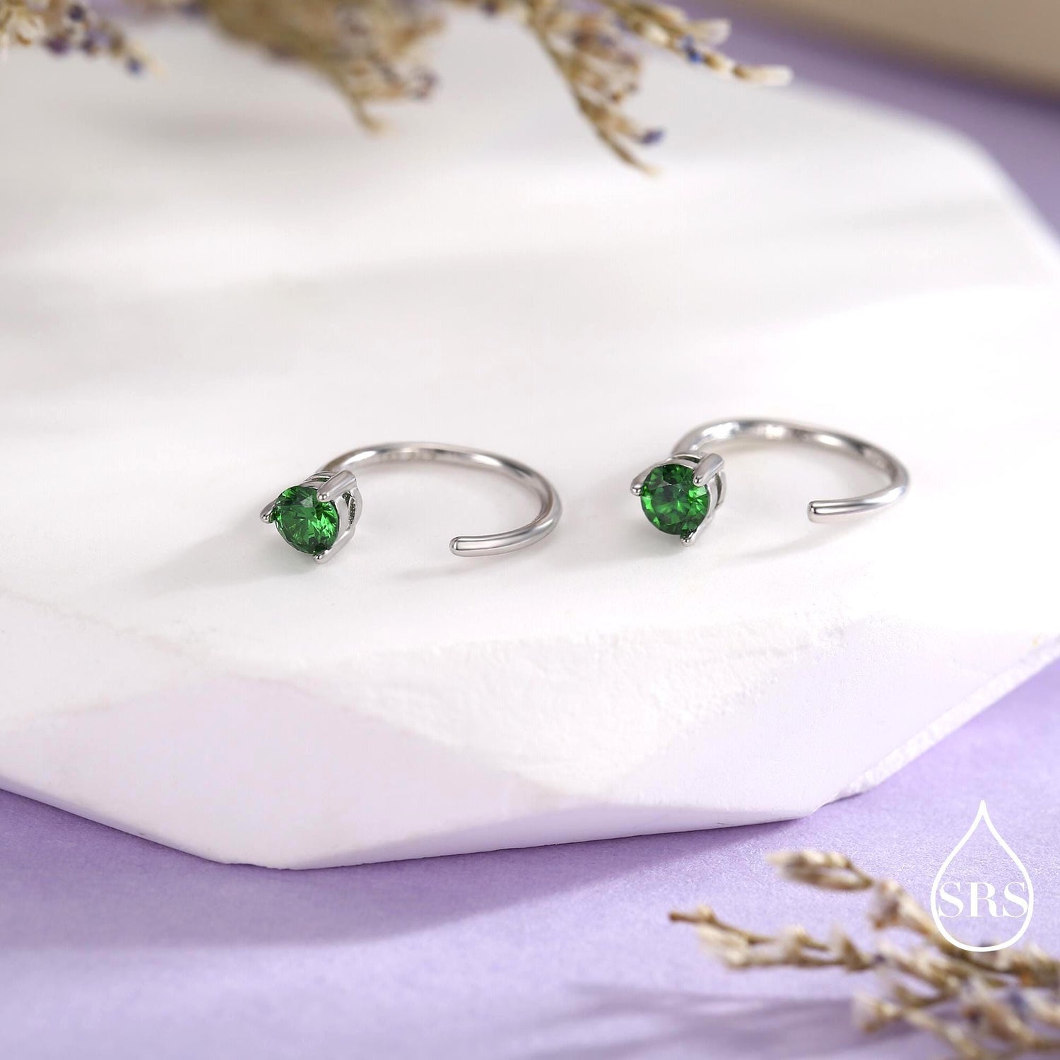 Emerald Green Crystal Huggie Hoop Threader Earrings in Sterling Silver, 3mm Three Prong, Gold or Silver, Pull Through Open Hoops