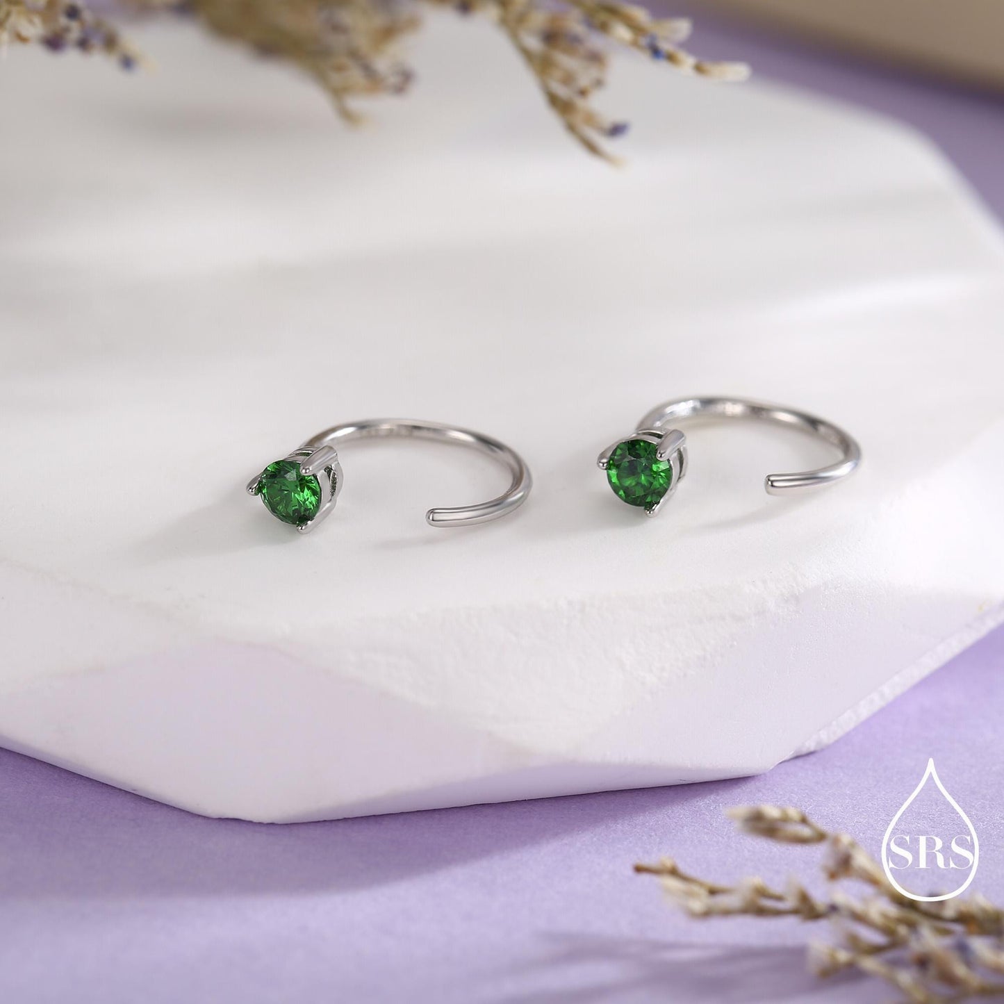 Emerald Green CZ Crystal Huggie Hoop Threader Earrings in Sterling Silver, 3mm Three Prong, Gold or Silver, Pull Through Open Hoops