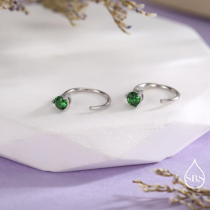 Emerald Green CZ Crystal Huggie Hoop Threader Earrings in Sterling Silver, 3mm Three Prong, Gold or Silver, Pull Through Open Hoops