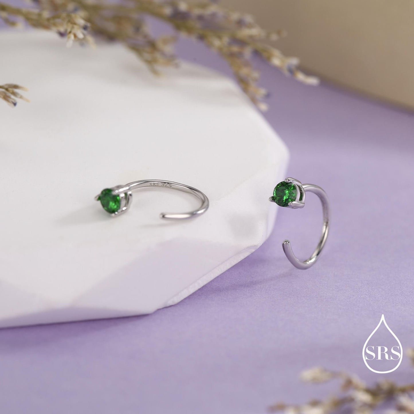 Emerald Green CZ Crystal Huggie Hoop Threader Earrings in Sterling Silver, 3mm Three Prong, Gold or Silver, Pull Through Open Hoops