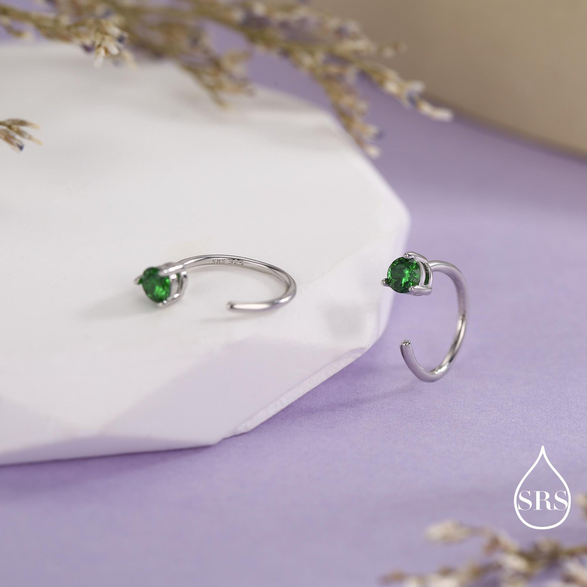 Emerald Green CZ Crystal Huggie Hoop Threader Earrings in Sterling Silver, 3mm Three Prong, Gold or Silver, Pull Through Open Hoops