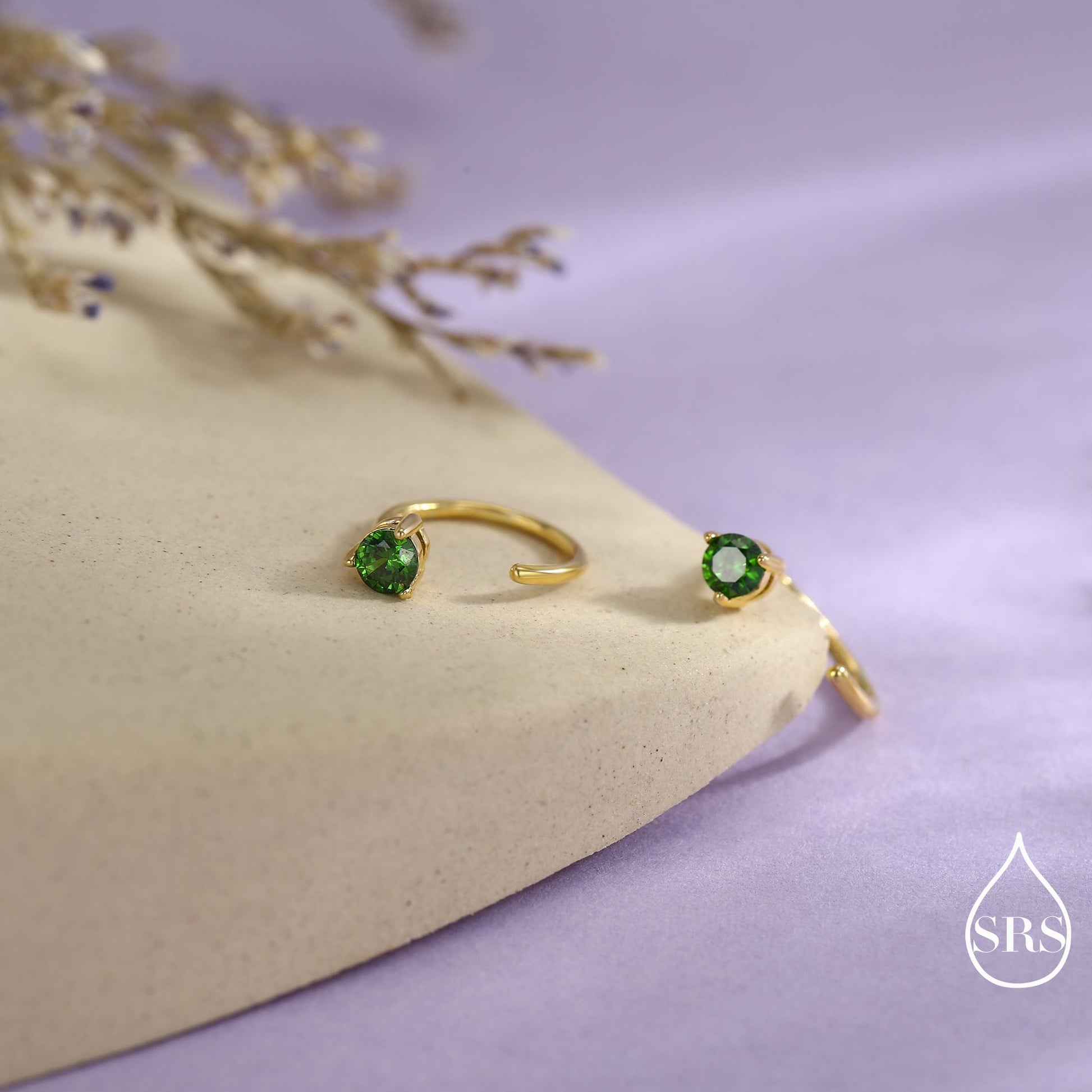 Emerald Green CZ Crystal Huggie Hoop Threader Earrings in Sterling Silver, 3mm Three Prong, Gold or Silver, Pull Through Open Hoops