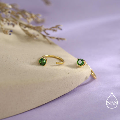 Emerald Green CZ Crystal Huggie Hoop Threader Earrings in Sterling Silver, 3mm Three Prong, Gold or Silver, Pull Through Open Hoops