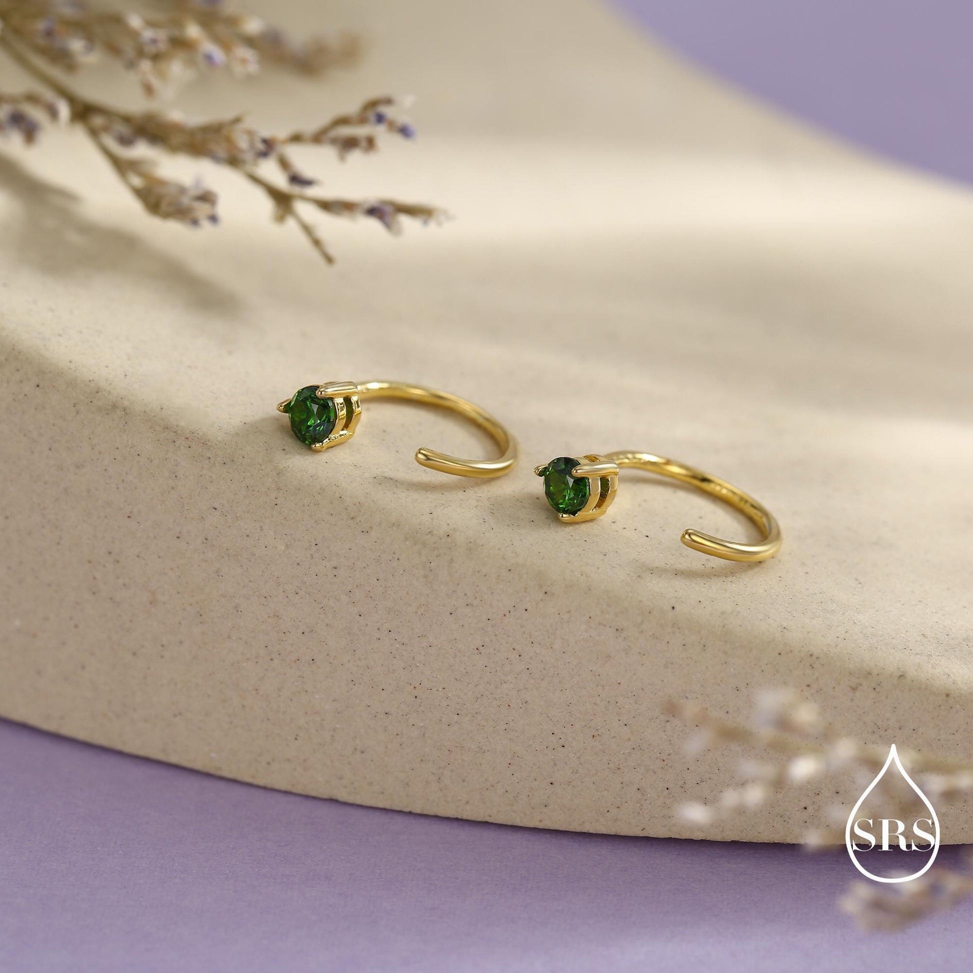 Emerald Green CZ Crystal Huggie Hoop Threader Earrings in Sterling Silver, 3mm Three Prong, Gold or Silver, Pull Through Open Hoops