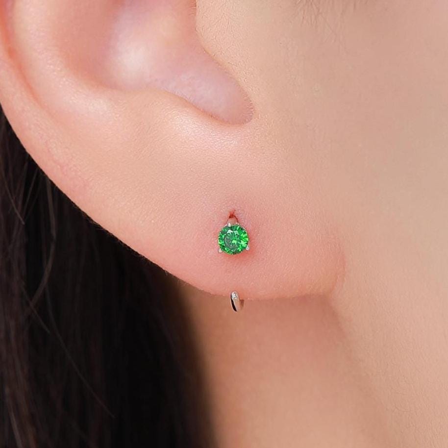Emerald Green CZ Crystal Huggie Hoop Threader Earrings in Sterling Silver, 3mm Three Prong, Gold or Silver, Pull Through Open Hoops