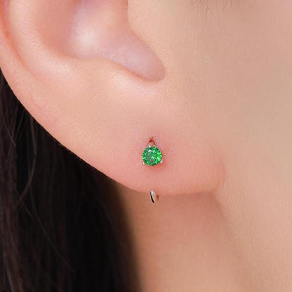 Emerald Green CZ Crystal Huggie Hoop Threader Earrings in Sterling Silver, 3mm Three Prong, Gold or Silver, Pull Through Open Hoops