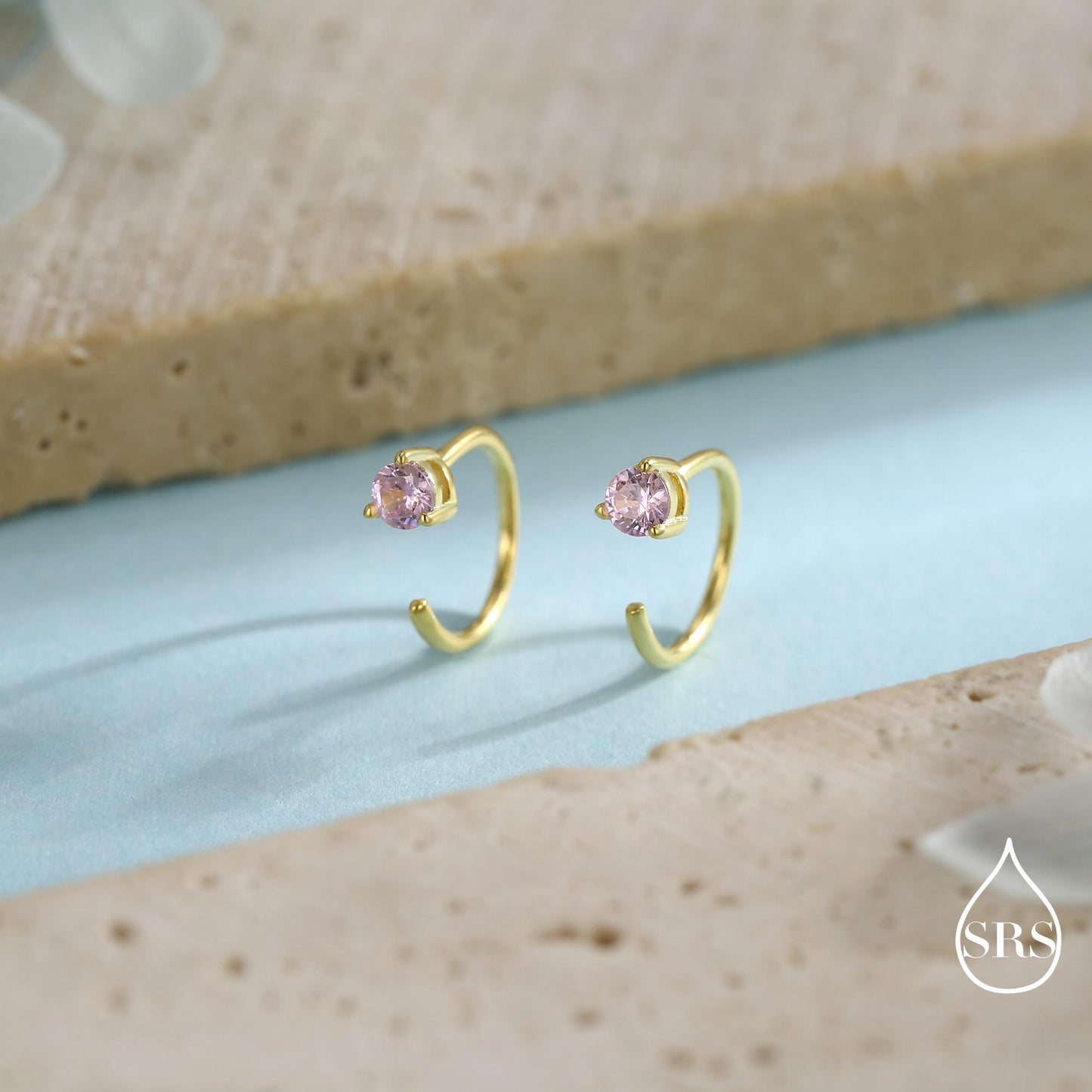 Minimalist Pink CZ Crystal Huggie Hoop Threader Earrings in Sterling Silver, 3mm Three Prong, Gold or Silver, Pull Through Open Hoops