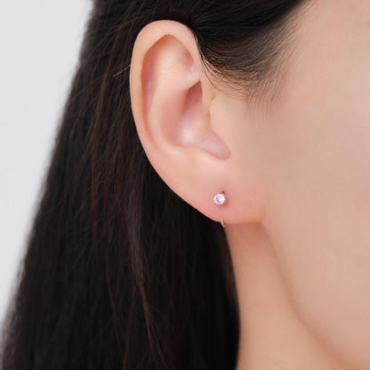 Minimalist Pink CZ Crystal Huggie Hoop Threader Earrings in Sterling Silver, 3mm Three Prong, Gold or Silver, Pull Through Open Hoops