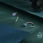 Aquamarine Blue CZ Crystal Huggie Hoop Earrings in Sterling Silver, 3mm Three Prong, Pull Through Open Hoops, March Birthstone