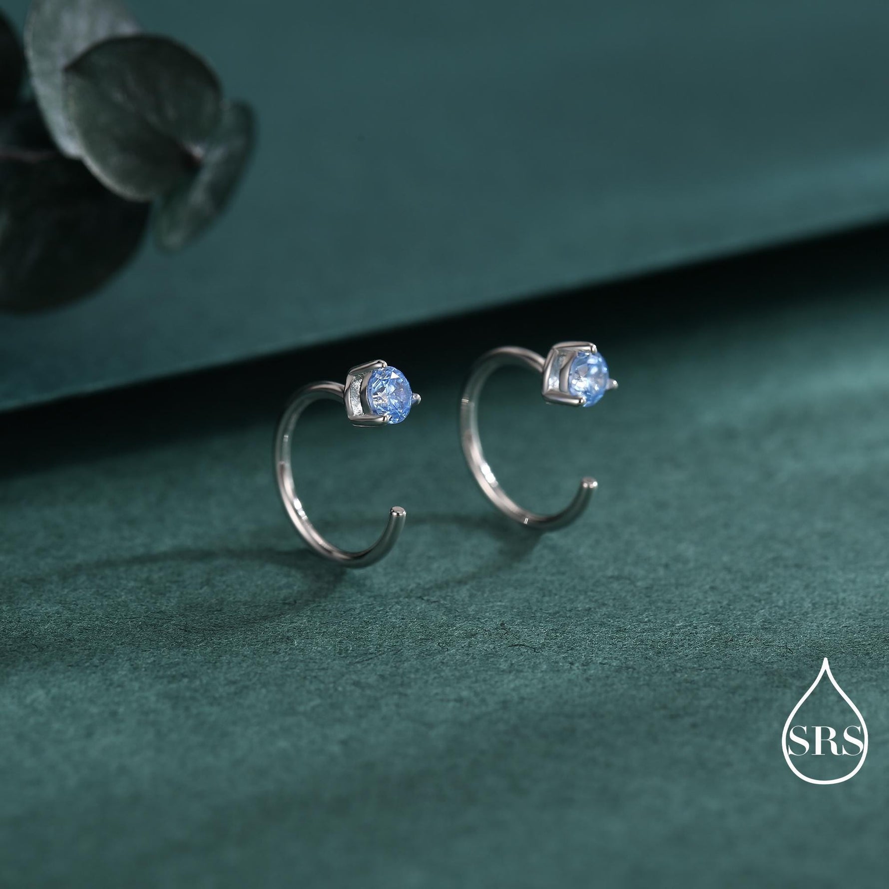 Aquamarine Blue CZ Crystal Huggie Hoop Earrings in Sterling Silver, 3mm Three Prong, Pull Through Open Hoops, March Birthstone